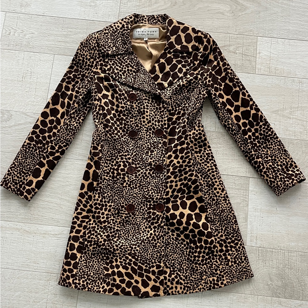 Trina Turk Cordyroy Leopard Print Double-Breasted Trench Coat, size 6